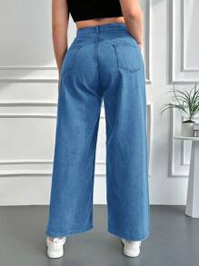 SHEIN Cottnline Talla grande Jeans con cremallera de pierna ancha - Azul - Ver 2