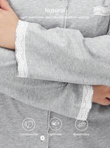 LUVLETTE Autumn And Winter Grey Soft Fabric With Lace Elegance Trim Long Women 100% Pure Cotton Pajama Set Lounge Sets For Women Lingerie Fall Pajamas Clothes - Light Grey - View 7