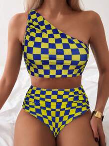 SHEIN Swim 女士格子印花两件套比基尼套装（随机印花）夏日海滩 - 彩色 - 查看 1