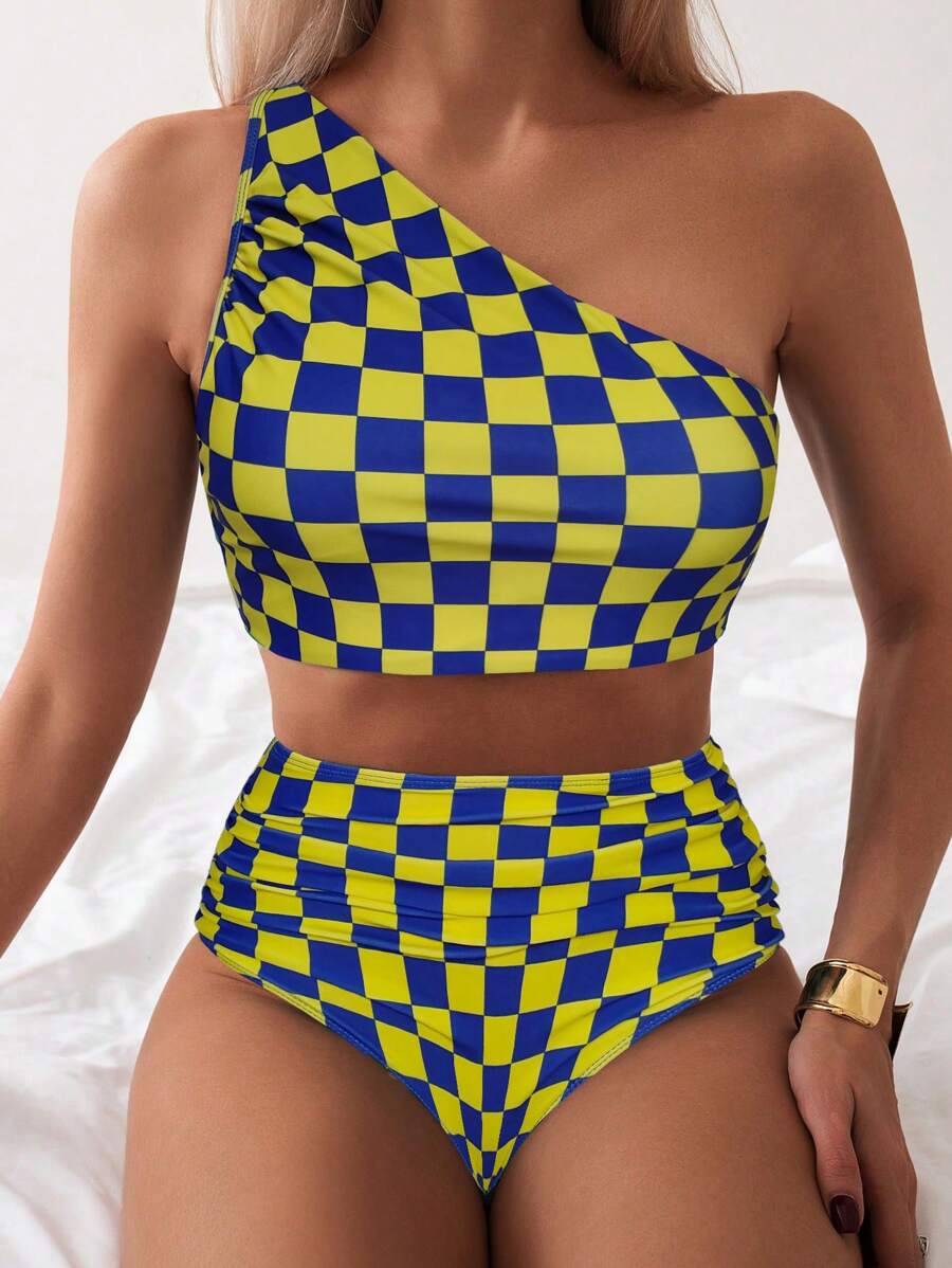 SHEIN Swim 女士格子印花两件套比基尼套装（随机印花）夏日海滩 - 彩色 - 查看 1