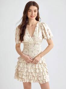 Enchnt Women's Deep Shirred Puff Sleeve Floral Waist Tie Shirred Lace Dress - Apricot - View 3