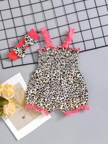 寶寶女孩時尚蕾絲豹紋連身裝，配有蝴蝶結頭帶和舒適的肩帶，夏季款 - 彩色 - 查看 2