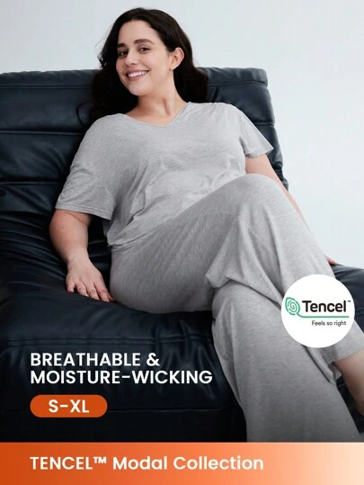 LUVLETTE Super Soft TENCEL™ Modal Round Neck Long Women Airy Pajama Set Lounge Sets Lingerie As Outerwear