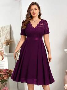 Floral Lace V-Neck Ruffle Chiffon A-Line Swing Dress, Semi-Formal Party Dress, Valentine's Day Dress, Summer Dress, Suitable For Birthday, Graduation, Back To School - Maroon - View 2