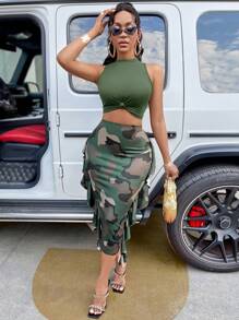 Amarilo Casual Front Tie Cropped Top With Ruffle Hem Camo Skirt 2 Piece Set