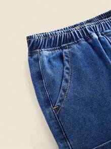 SHEIN 小男孩宽松夏季牛仔短裤，带口袋，返校 - 藍色 - 查看 7