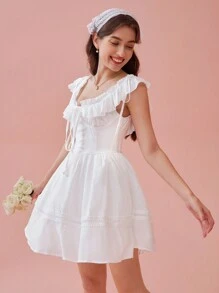 Enchnt 女士夏季荷葉邊A字裙連綁帶腰帶 - 白色 - 查看 4