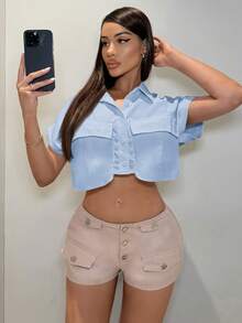 SHEIN SXY Summer Short-Sleeved White Crop Top Shirt - Baby Blue - View 5
