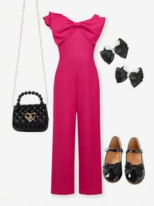 SHEIN Bộ đồ liền thân một vai màu trơn đơn giản dành cho bé gái tuổi mới lớn, Xuân/Hè - Màu Hồng Tươi - Xem 1