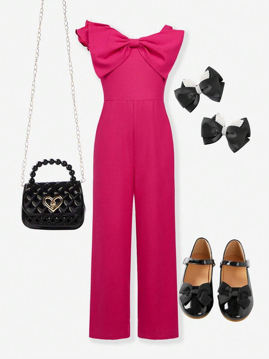 SHEIN Bộ đồ liền thân một vai màu trơn đơn giản dành cho bé gái tuổi mới lớn, Xuân/Hè - Màu Hồng Tươi - Xem 1