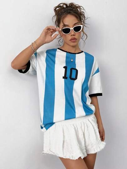 StreetHx Argentina blå och vit randig sport T-shirt för kvinnor