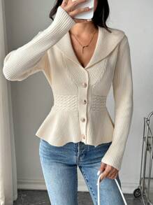 SHEIN LUNE 女式春秋纯色翻领长袖开衫，带荷叶边下摆和单排扣纽扣