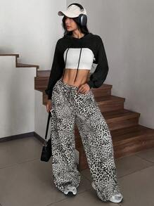 SHEIN EZwear Ladies' Solid Acid Washed Look Vintage Drawstring Detail Super Crop Hoodie - Black - View 4