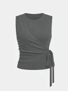 GlowEve Women's Solid Color Simple Daily Sleeveless Top And Long Pants 2-Piece Set - Dark Grey - View 6