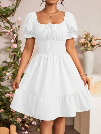 Rafferiza Summer Casual Solid Color Puff Sleeve Fitted Waist Dress