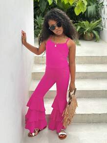 SHEIN Leap Crew Girls Solid Cami Top & Flare Leg Trousers - Hot Pink - View 1