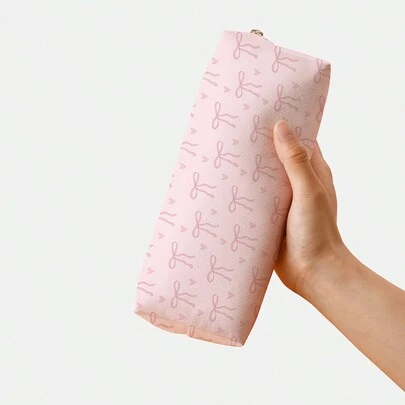 ROMWE Kawaii Cute Pink Bowknot & Heart Pattern Double-Sided Printed Pencil Case, School,Back To School,School Supplies