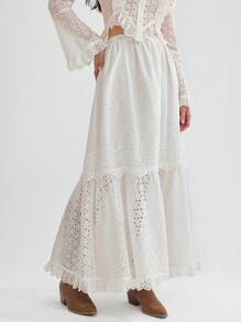 SHEIN Váy ren lưới thêu cạp cao phối viền màu phối bèo cho nữ - trắng - Xem 12