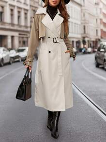 SHEIN Clasi Abrigo elegante a prueba de viento para mujer con bloque de color en caqui y albaricoque, abrigado y versátil para estilo de negocios, manga larga, cuello de solapa, abrigo estilo trench con cinturón