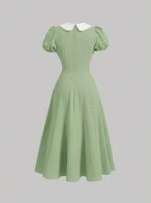 SHEIN MOD 褶皺紋理彼得潘領彩色高衩中長禮服，配蝴蝶結裝飾，適用於夏季 - 綠色 - 查看 2