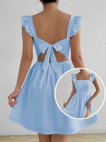 SHEIN LUNE Vestido sólido con cordón trasero y ribete de volantes - Azul - Ver 1
