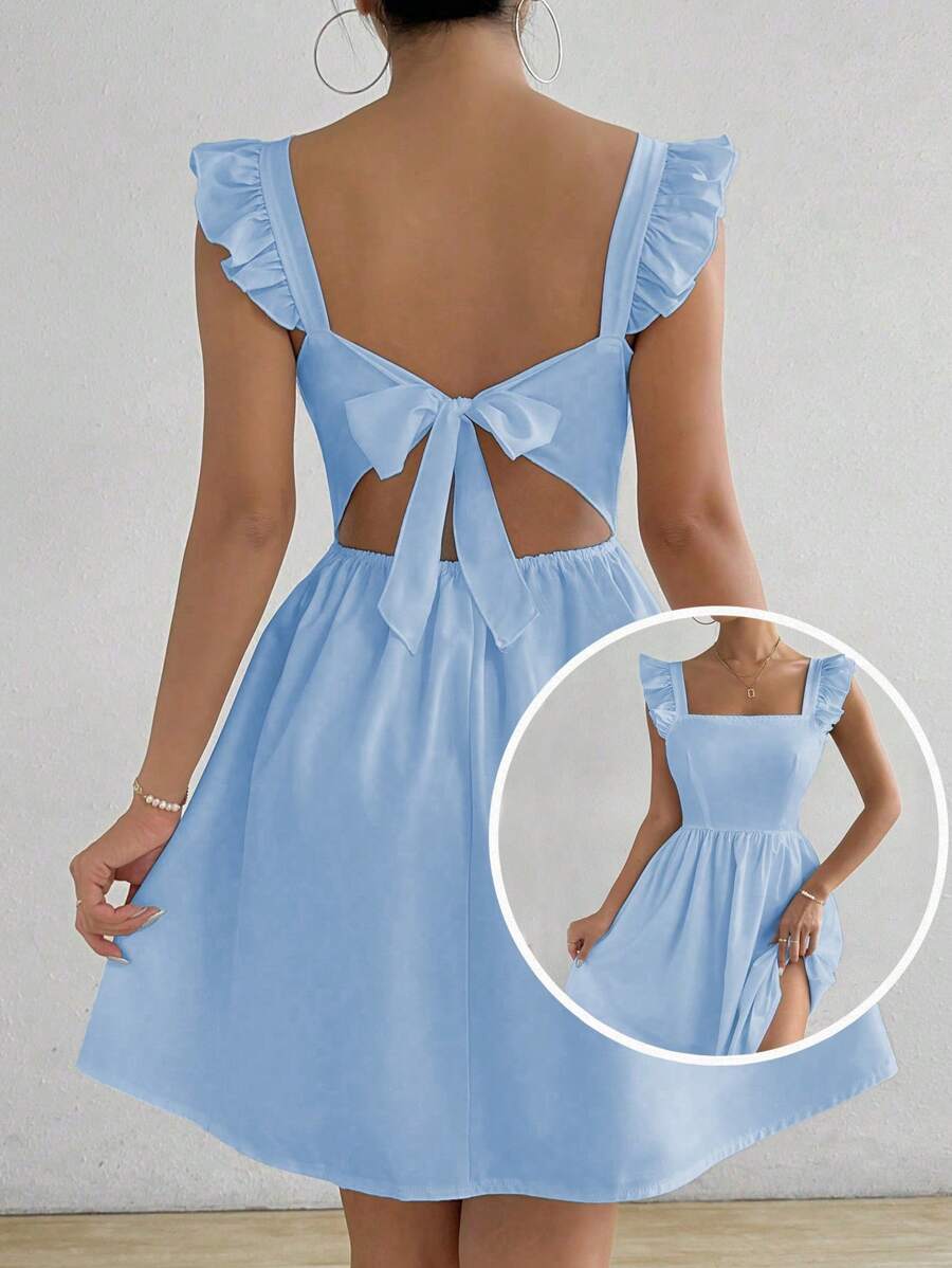 SHEIN LUNE Vestido sólido con cordón trasero y ribete de volantes - Azul - Ver 1