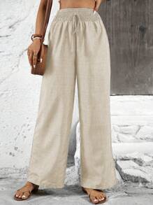 Calvaya Women's Solid Color Wide-Leg Loose Pants With Shirred Belt For Holiday Fall Cloth For Women - Khaki - View 6