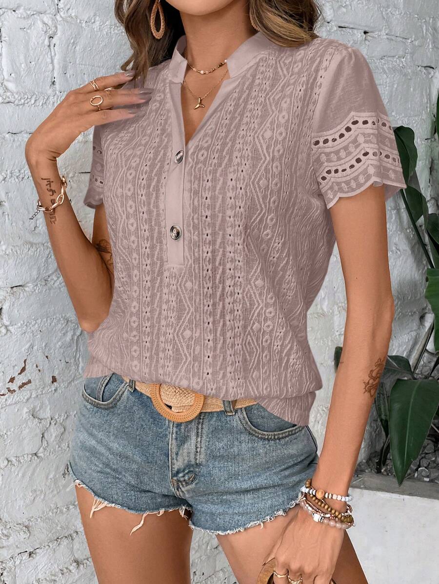EMERY ROSE Eyelet Embroidery Notched Neckline Tee - Dusty Pink - View 1