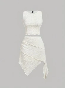 SHEIN MOD Conjunto de 2 piezas para mujer de talla grande: chaleco sin mangas de cuello redondo tejido de jacquard y falda asimétrica de color rosa