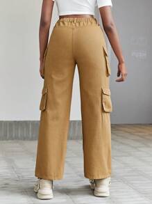 SHEIN Explorewe Quần dài denim kaki dành cho nữ tuổi teen, thiết kế nhiều túi - Màu Khaki - Xem 6