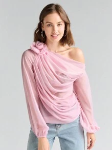 Enchnt Asymmetrical Neck Stereo Flowers Ruched Lantern Sleeve Blouse - Pink - View 6