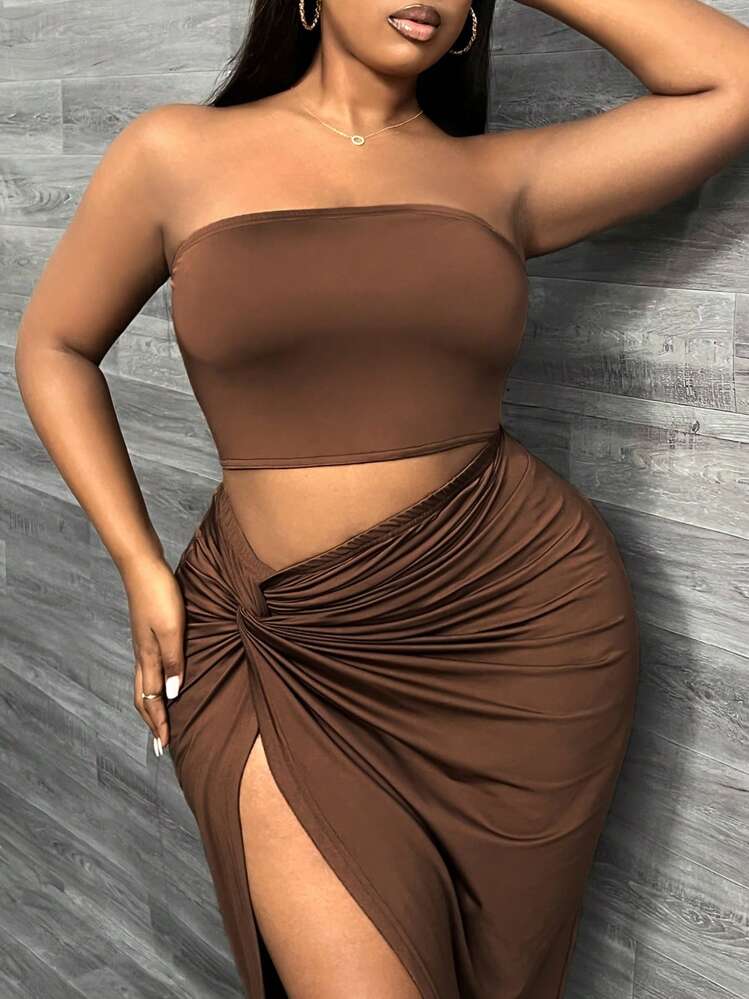 SHEIN SXY 露腿雙層設計套裝，前扭結裁剪，高分裂大腿 - 咖啡棕 - 查看 6
