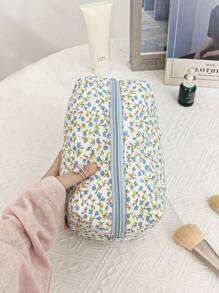 清新碎花化妆包绗缝旅行化妆包拉链袋八角形手持化妆包大容量绗缝化妆包女士可爱唯美花卉洗漱用品收纳包蓬松化妆包适合送礼、朋友、女士、生日礼物、返校用品