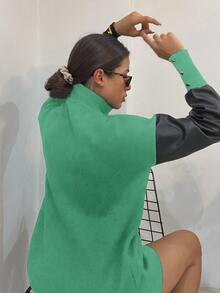 EURMUSE Contrast PU Sleeve Mock Neck Drop Shoulder Sweater - Green - View 2