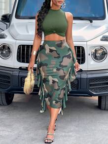 AIJ Amarilo Casual Front Tie Cropped Top And Ruffle Hem Camouflage Mini Skirt Set - Army Green - View 6