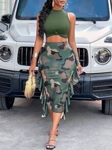 Amarilo Casual Front Tie Cropped Top With Ruffle Hem Camo Skirt 2 Piece Set