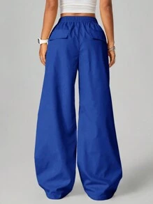 SHEIN EZwear Women's Streetwear Back To School Contrast Color Striped Low-Waist Bright-Color Pink Long Pants, Spring Summer - Royal Blue - View 2