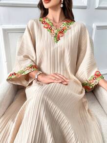 Al Najma Damen elegantes Kleid mit floraler Stickerei und Fledermausärmeln, langer, bescheidener Kaftan-Stil Arabisches Kleid für den Sommer