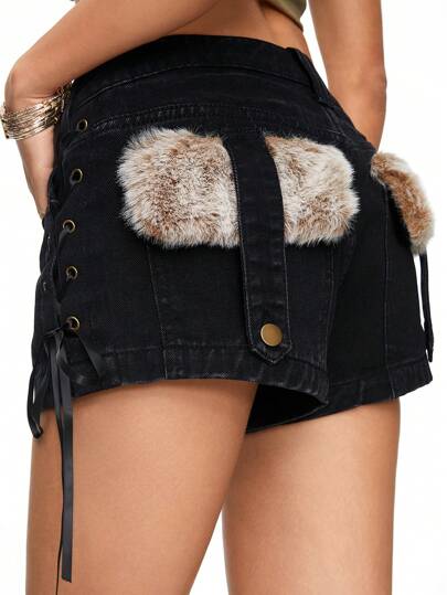 Fairycore Shorts in denim con bordo peloso e lacci laterali