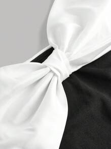 SHEIN Teen Girls' Black & White Off Shoulder Dress With Oversized Bow For Party Or Elegant Streetwear
