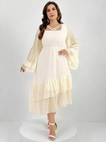 Modelyn Plus Crisscross Front Flounce Sleeve Ruffle Hem Dress, Wedding/Occasion/Ceremony/Evening Elegant Long Party Dress - Apricot - View 4