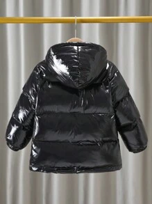 1pc Young Boys Casual Solid Color Decorative Patch Padded  Shiny Fabric Hooded Warm Jacket, Padded Coat, Quilted Coat,In Fall/Winter