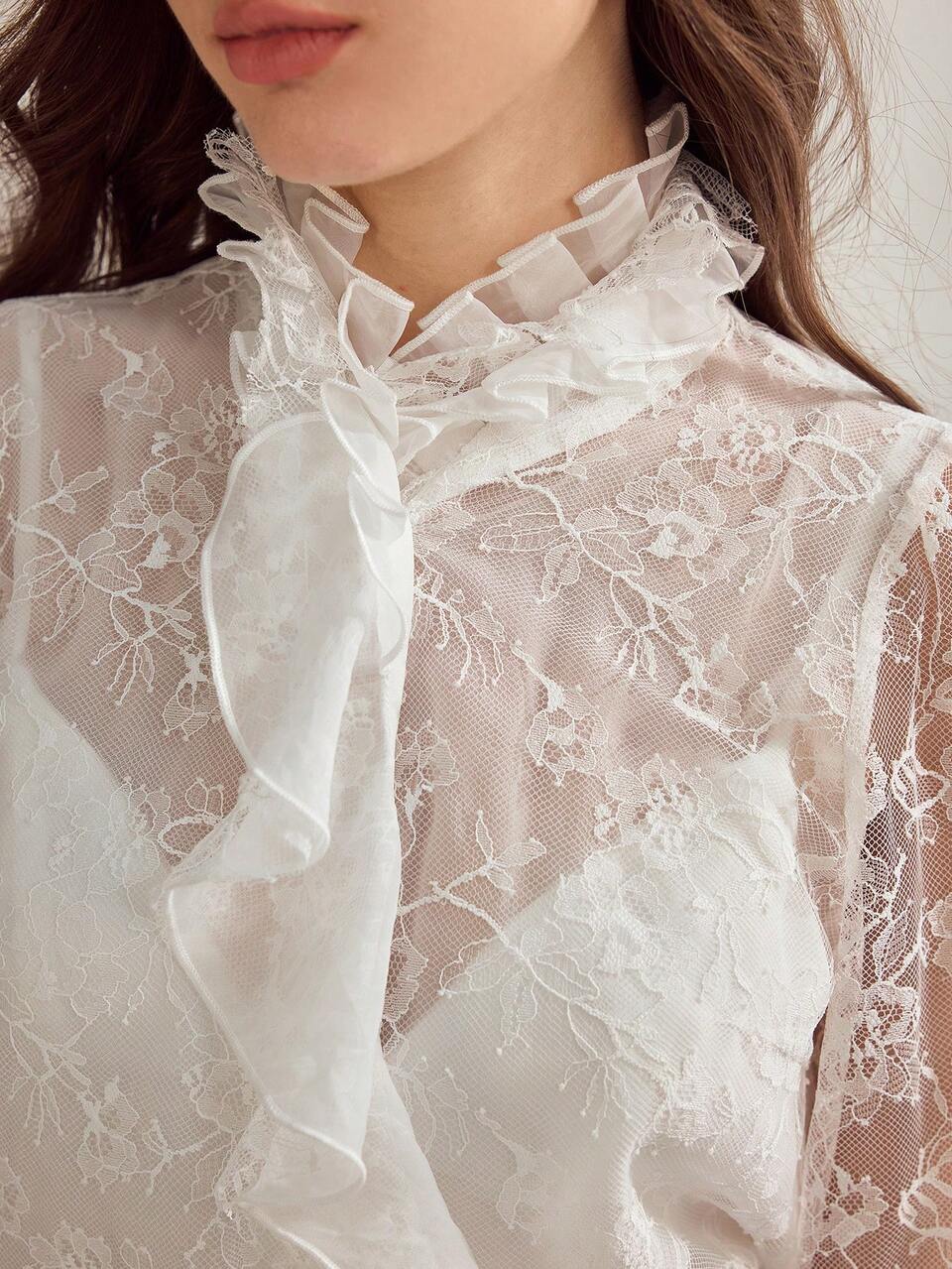 Autumn Women's Elegant Romantic Retro White Ruffled Lace Trim French Long Sleeve Shirt, Collared Women's Shirt