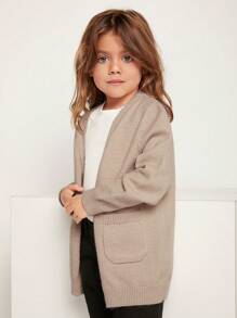 SHEIN Young Girls' Spring/Autumn Casual Solid Color Cardigan With Double Pockets - Pink - View 5