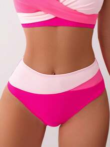 SHEIN Swim 夏季沙灘對比色拼接泳衣下褲 - 粉色 - 查看 4