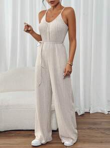 SHEIN Frenchy 實心腰帶肋針織背心連體褲 - 杏色 - 查看 4