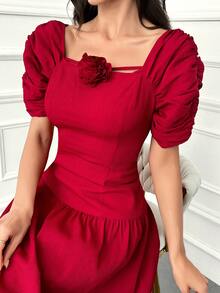 Modelyn Weinrote Damen Einfarbiges einfaches Alltagskleid im Arabeskenstil mit 3D Blumendekoration