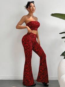 SHEIN EZwear Women's Leopard Print Tube Top And Flared Pants Two-Piece Set