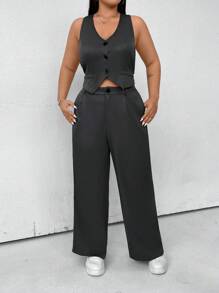 SHEIN MOOSTA Plus Button Front Vest Blazer & Wide Leg Pants - Grey - View 1