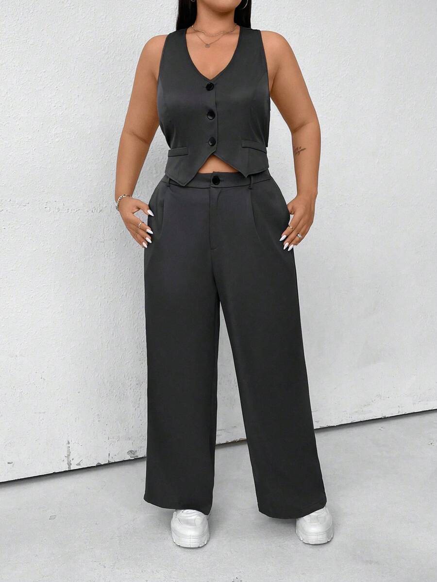 SHEIN MOOSTA Plus Button Front Vest Blazer & Wide Leg Pants - Grey - View 1